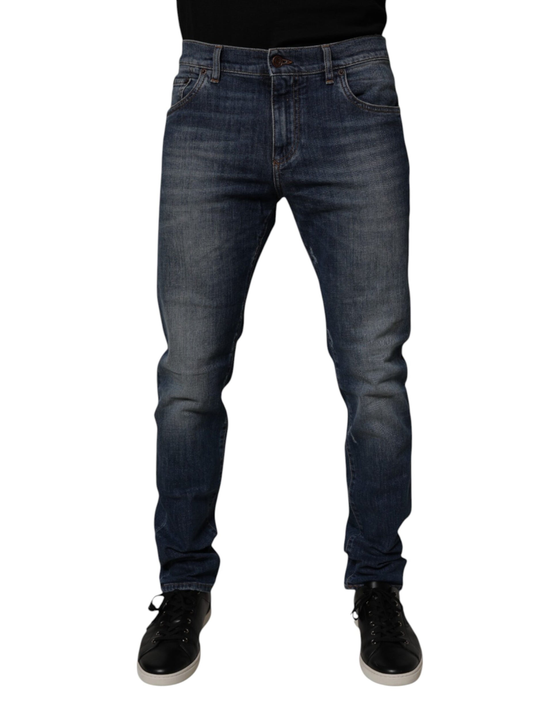 Dolce & Gabbana Dark Blue Cotton Leather Skinny Denim Jeans