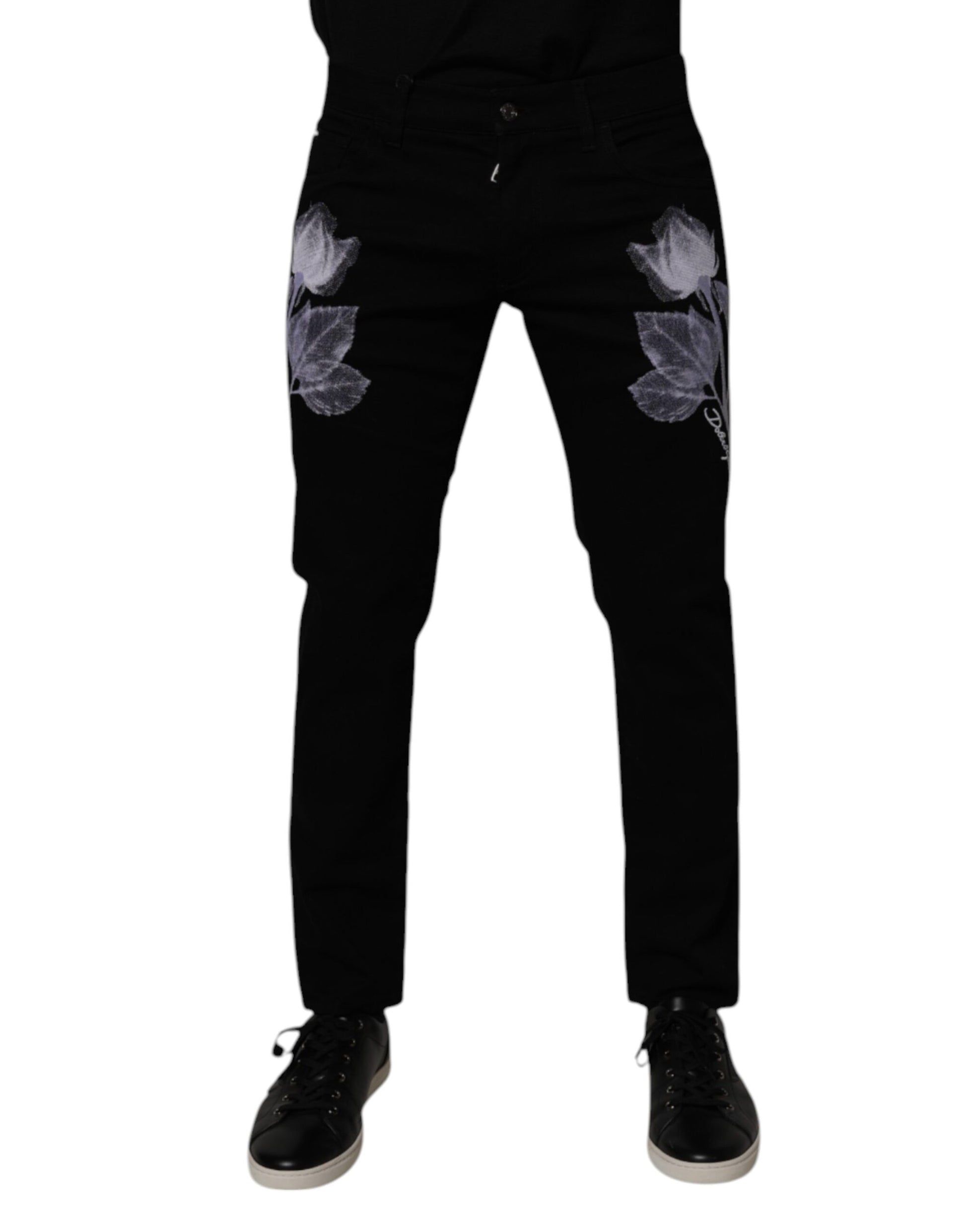 Dolce & Gabbana Black Floral Cotton Skinny Men Denim Jeans