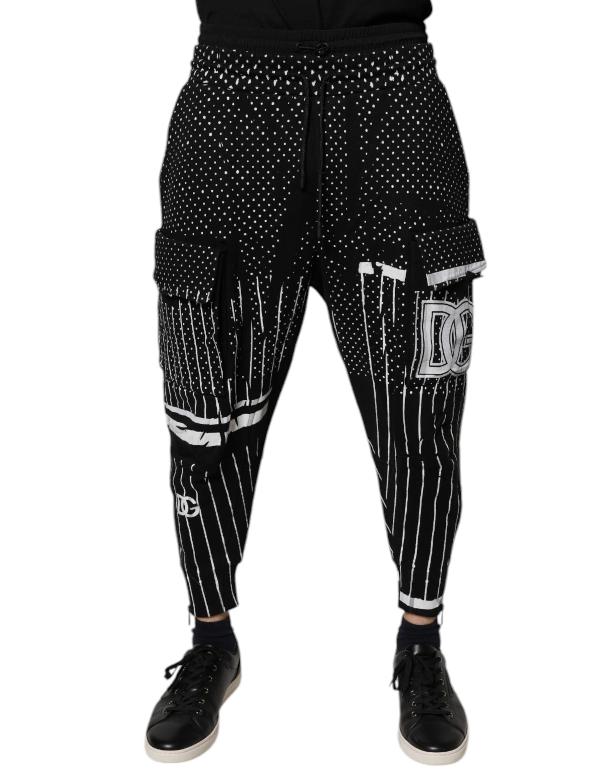 Dolce & Gabbana Black Polka Dot Stripes Cargo Jogger Sweatpants Pants