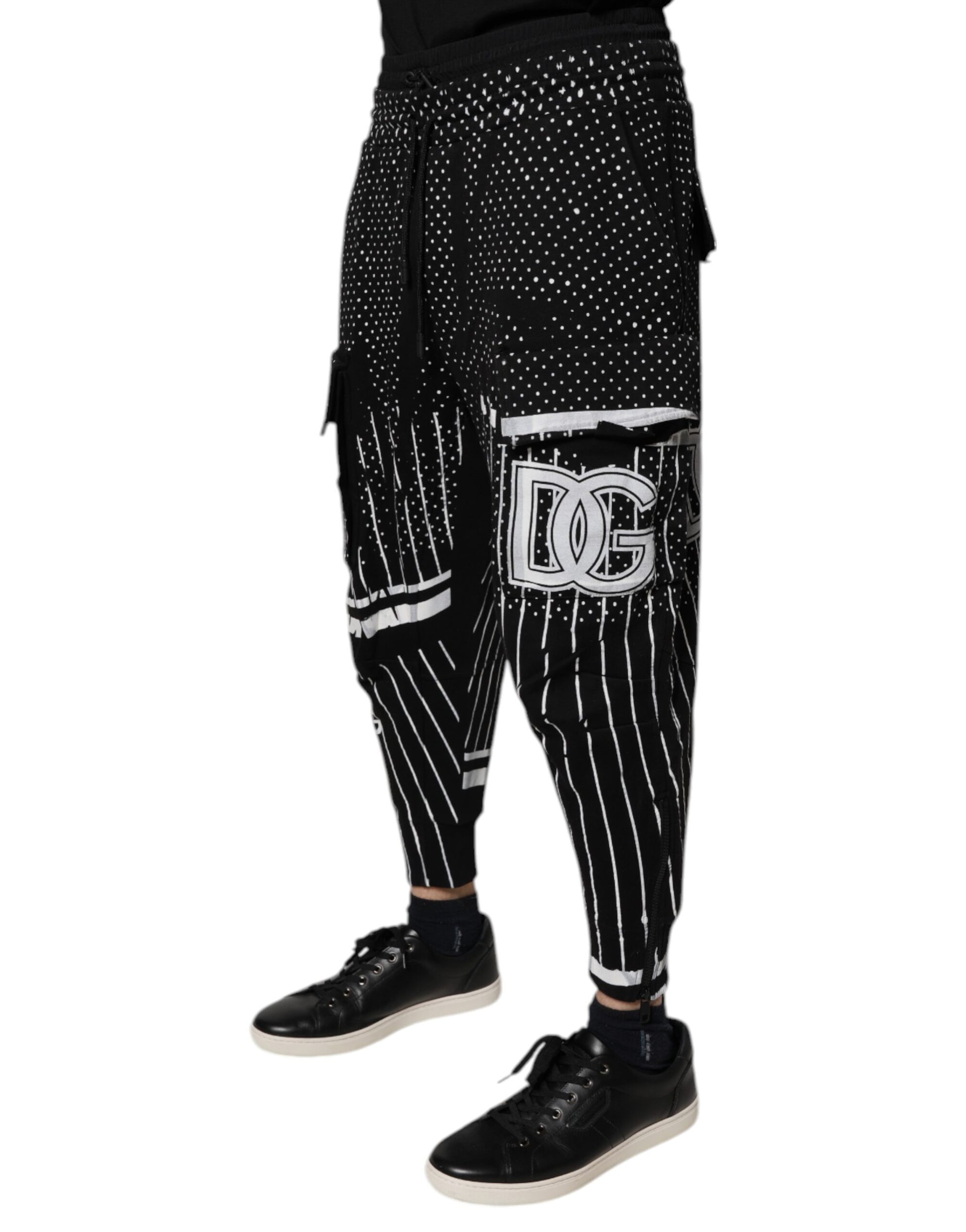 Dolce & Gabbana Black Polka Dot Stripes Cargo Jogger Sweatpants Pants