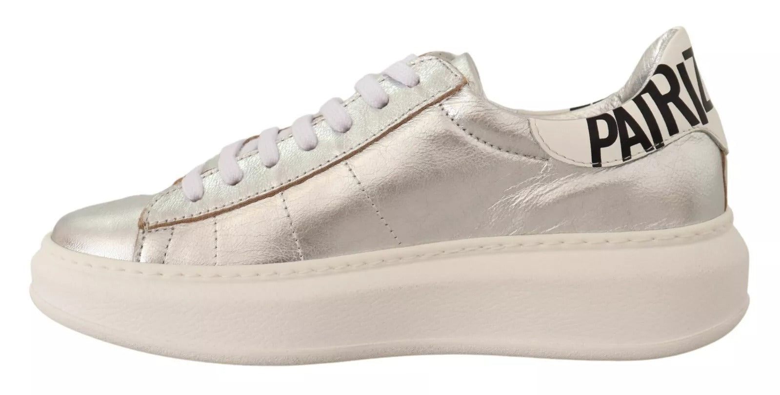 Patrizia Pepe Silver Full Grain Leather Lace Up Sneakers Shoes