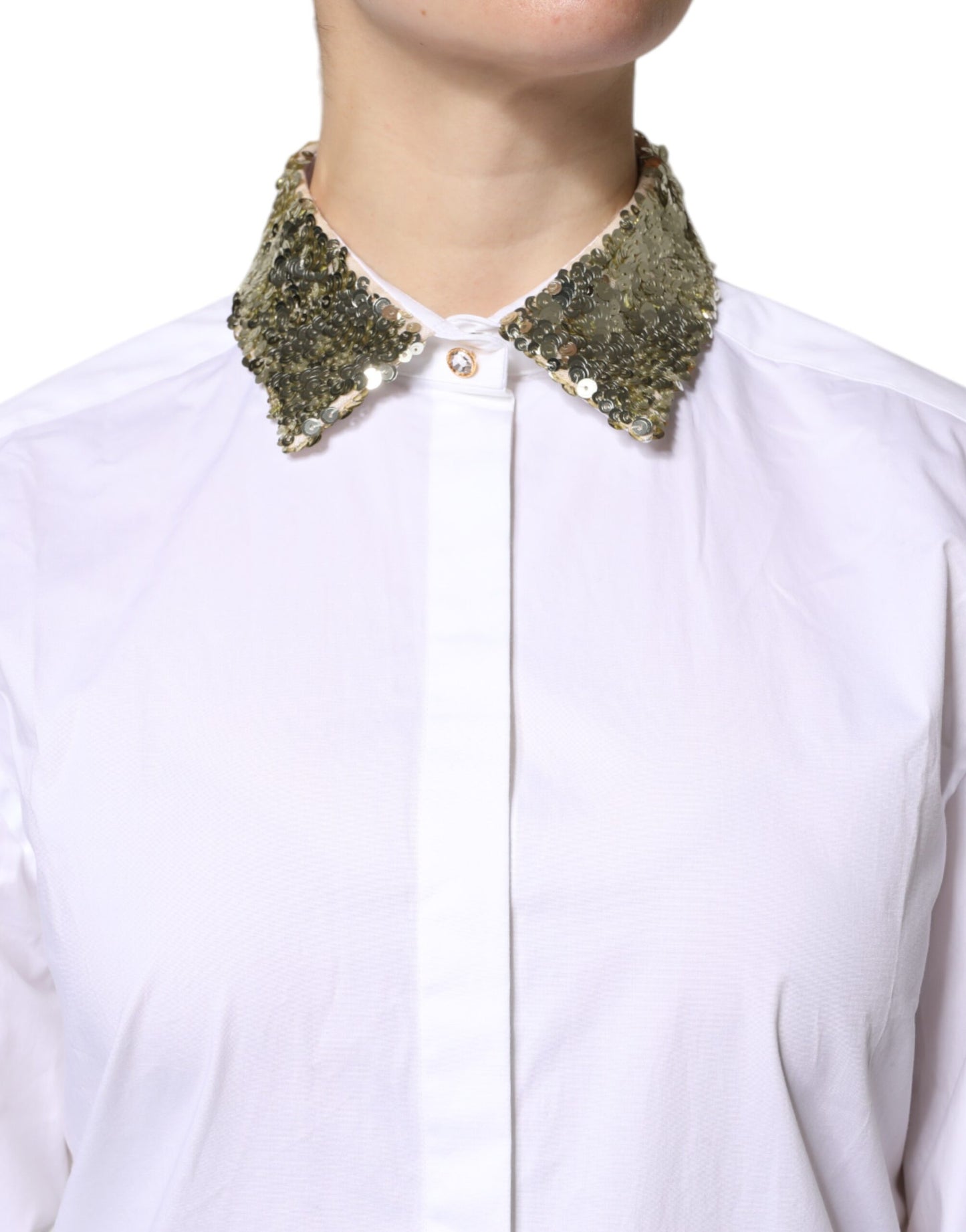 Dolce & Gabbana White Cotton Long Sleeves Sequin Shirt Top