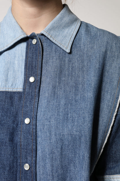 Dolce & Gabbana Blue Cotton Button Up Collared Long Sleeve Top