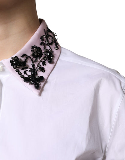 Dolce & Gabbana White Embellished Collared Dress Shirt Top