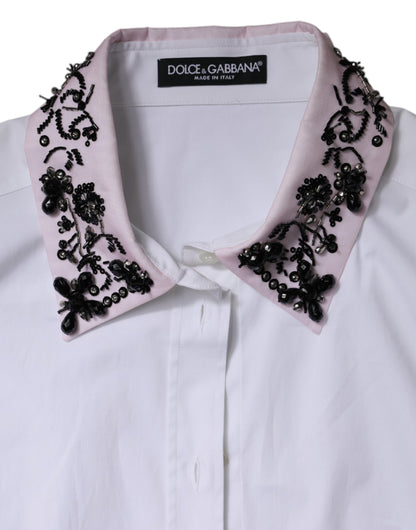 Dolce & Gabbana White Embellished Collared Dress Shirt Top
