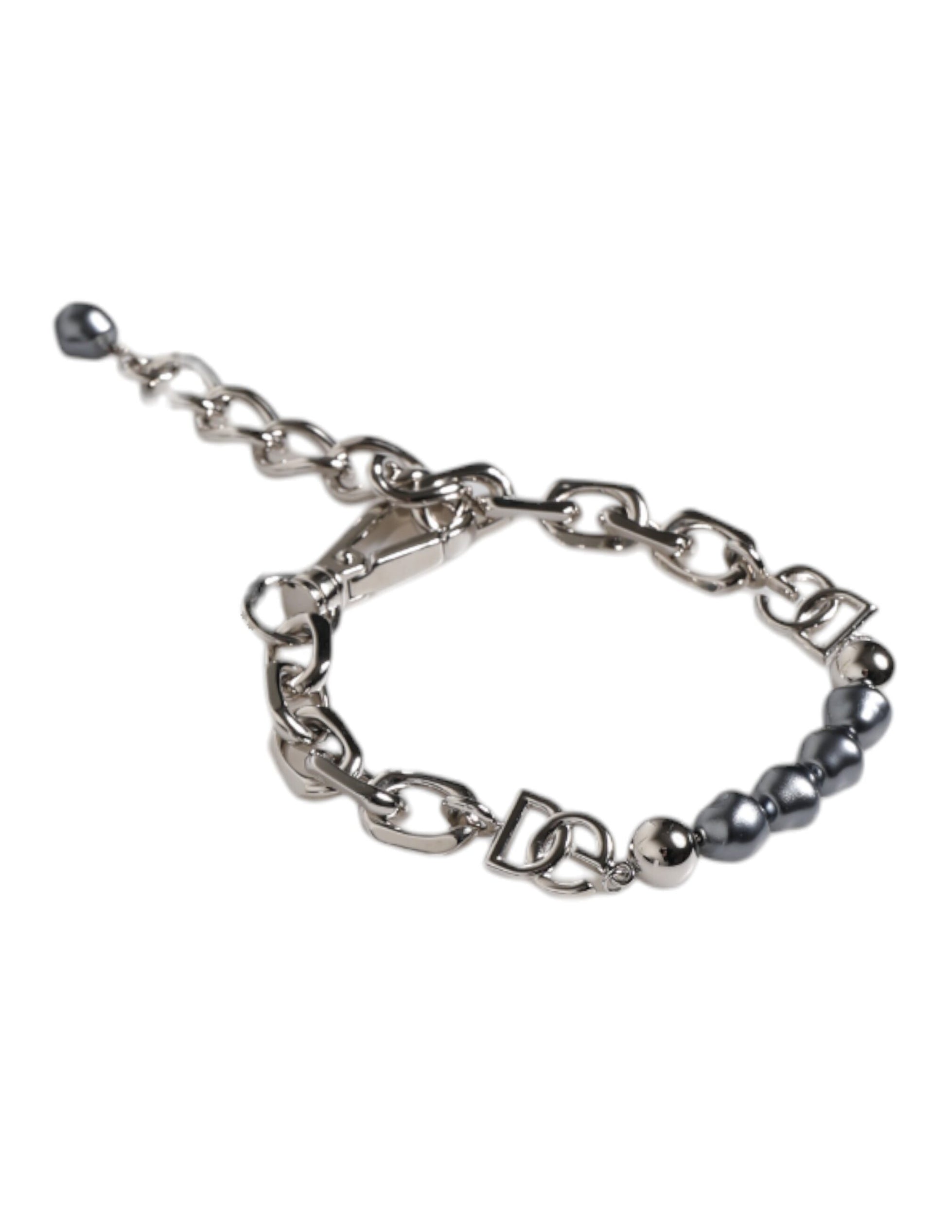 Dolce & Gabbana Silver Tone Chain Lobster Clasp Logo Gray Pearls Bracelet