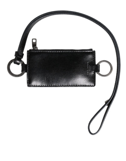 Dolce & Gabbana Black Leather Logo Embossed Lanyard Card Holder Wallet