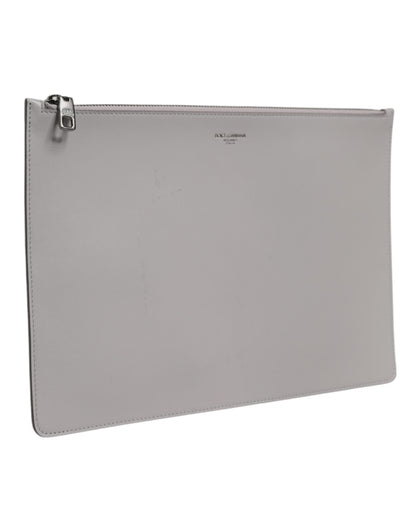 Dolce & Gabbana Gray Solid Leather DG Logo Men Clutch Zip Pouch Bag