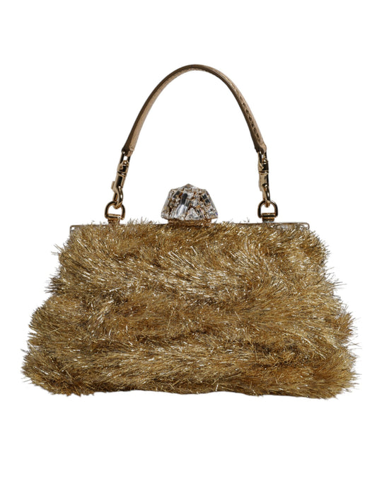 Dolce & Gabbana Gold Vanda Chain Strap Tinsel Crystal Evening Clutch Bag