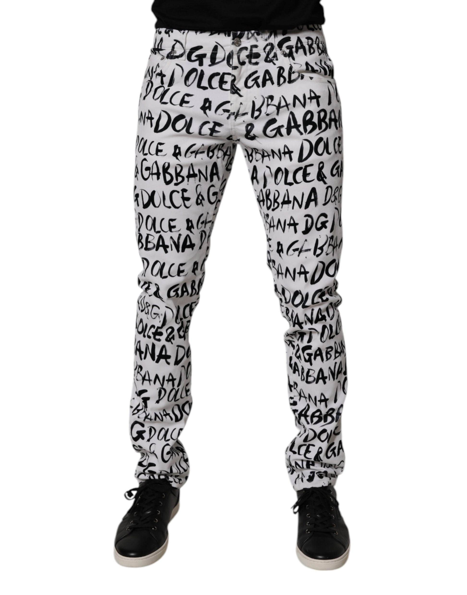 Dolce & Gabbana White Cotton Logo Print Skinny Denim Jeans