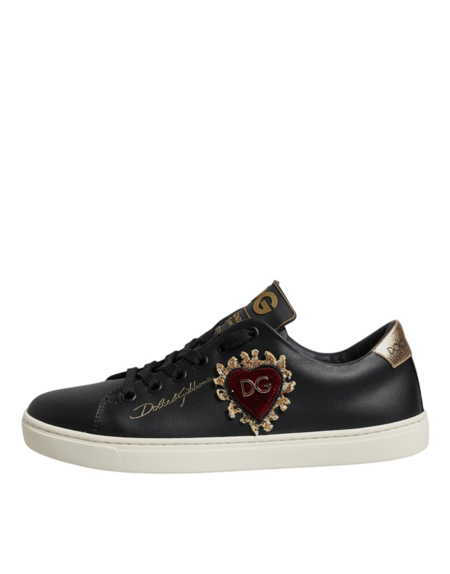 Dolce & Gabbana Black Leather Gold Red Heart Sneakers Shoes