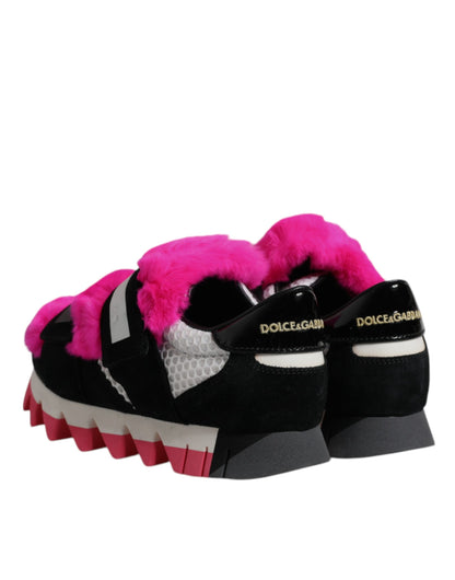 Dolce & Gabbana Black Pink Fur Embellished Sneakers Shoes