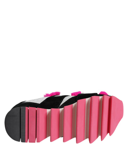 Dolce & Gabbana Black Pink Fur Embellished Sneakers Shoes