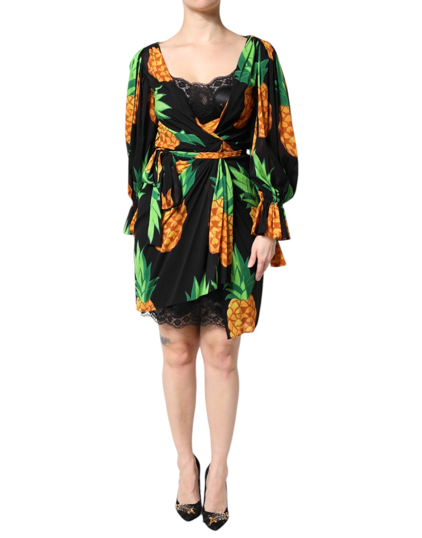 Dolce & Gabbana Black Silk Pineapple Draped Print Wrap Dress