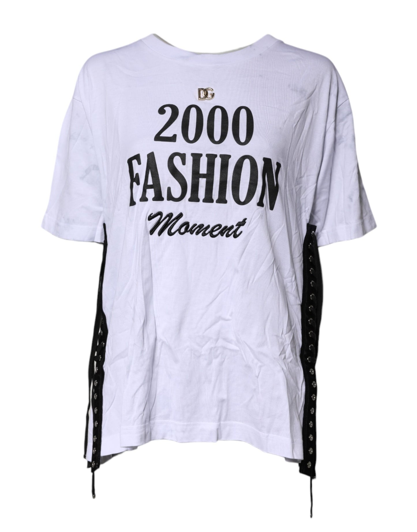 Dolce & Gabbana White Print Lace-Up Cotton Crew Neck T-shirt