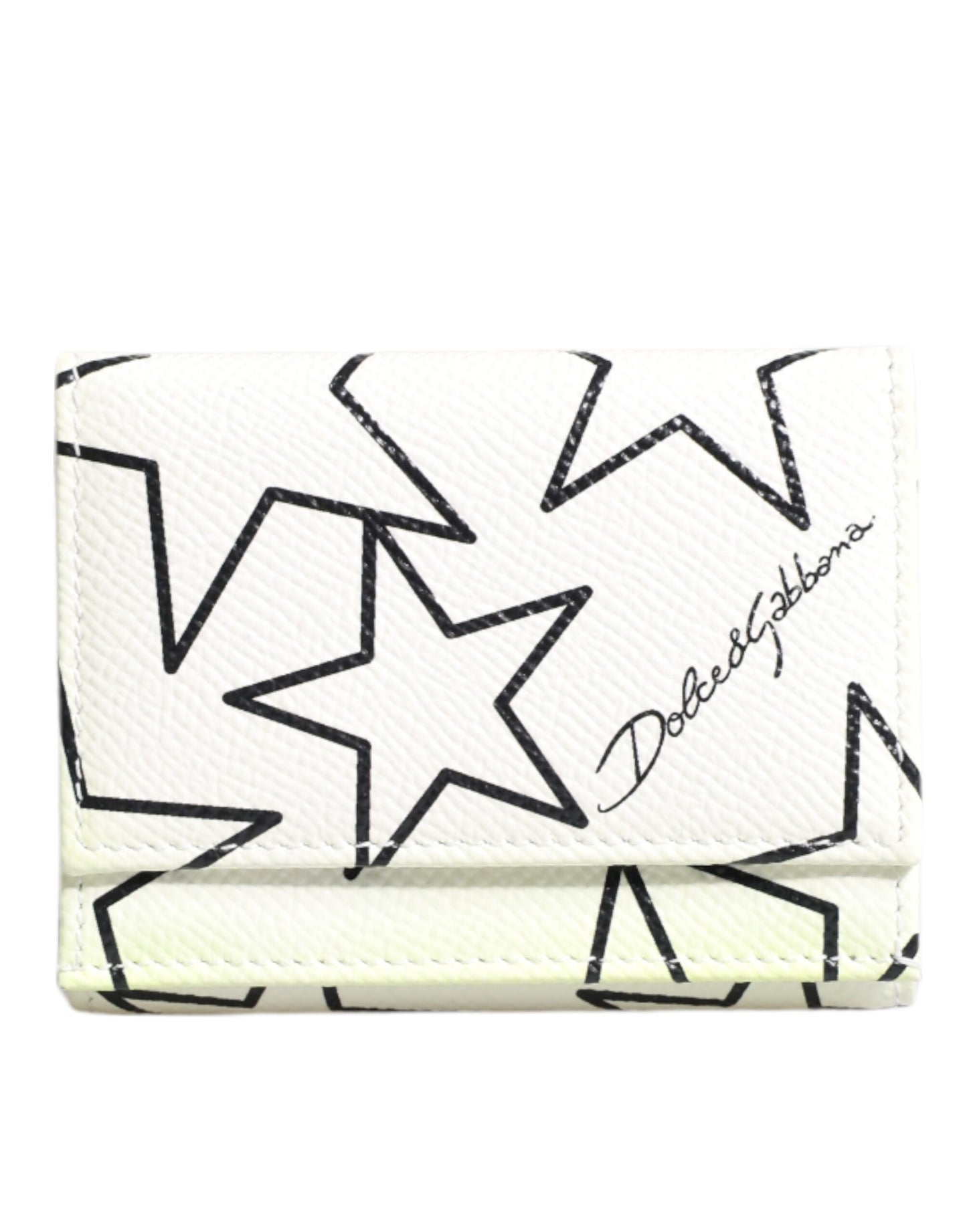Dolce & Gabbana White Leather Trifold DG Star Print Card Holder Wallet