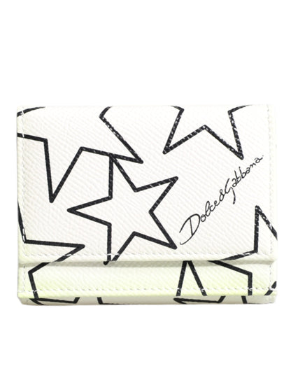 Dolce & Gabbana White Leather Trifold DG Star Print Card Holder Wallet
