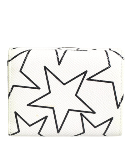 Dolce & Gabbana White Leather Trifold DG Star Print Card Holder Wallet