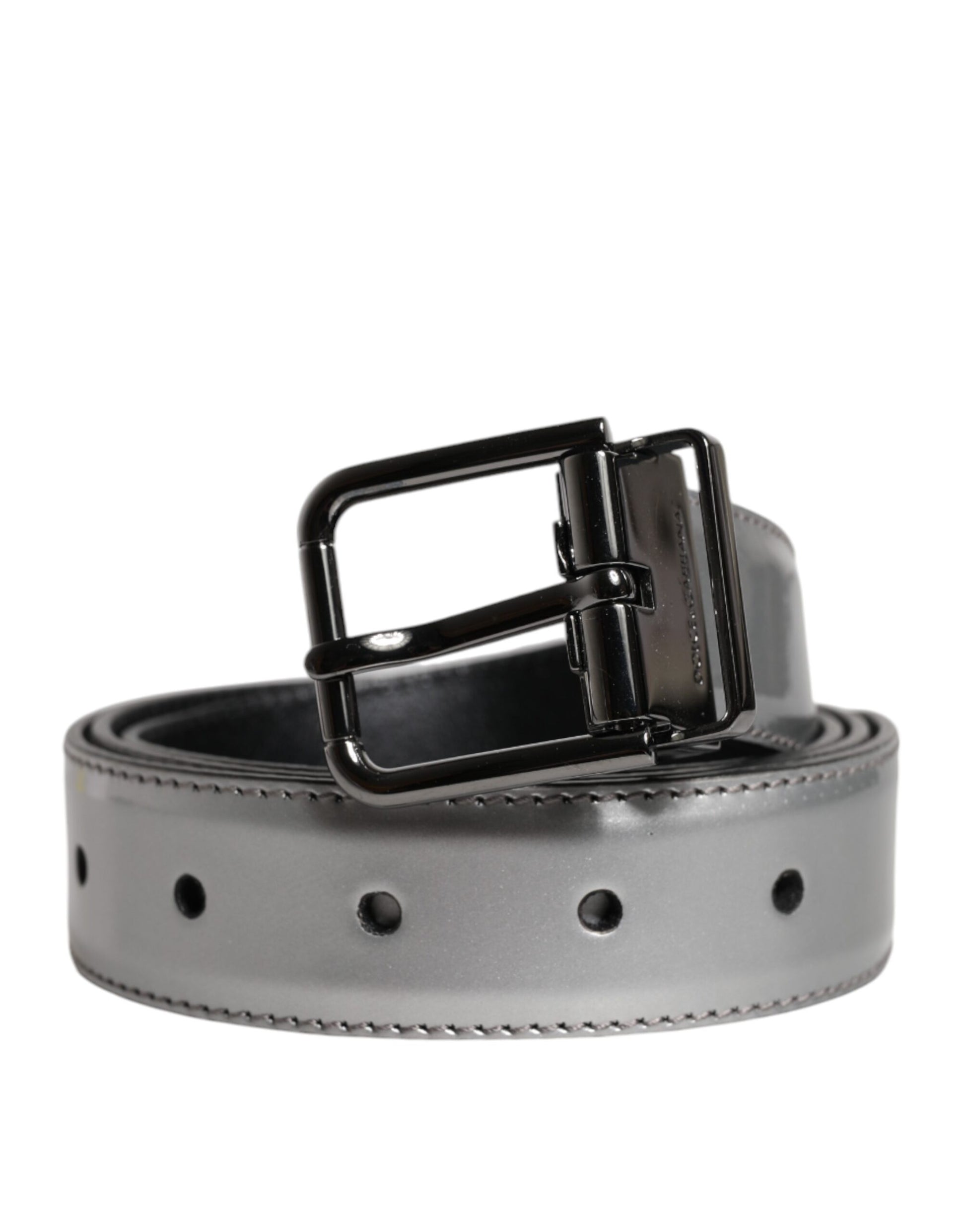 Dolce & Gabbana Silver Leather Classic Metal Logo Buckle Belt