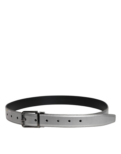 Dolce & Gabbana Silver Leather Classic Metal Logo Buckle Belt