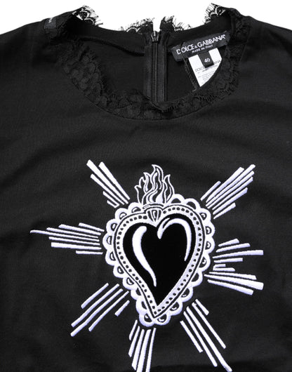 Dolce & Gabbana Black Lace Sheer Sacred Heart Crew Neck Top