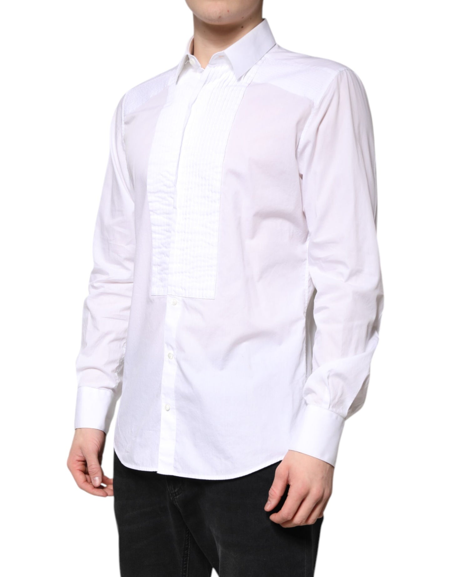 Dolce & Gabbana White GOLD Cotton Poplin Bib Men Dress Shirt
