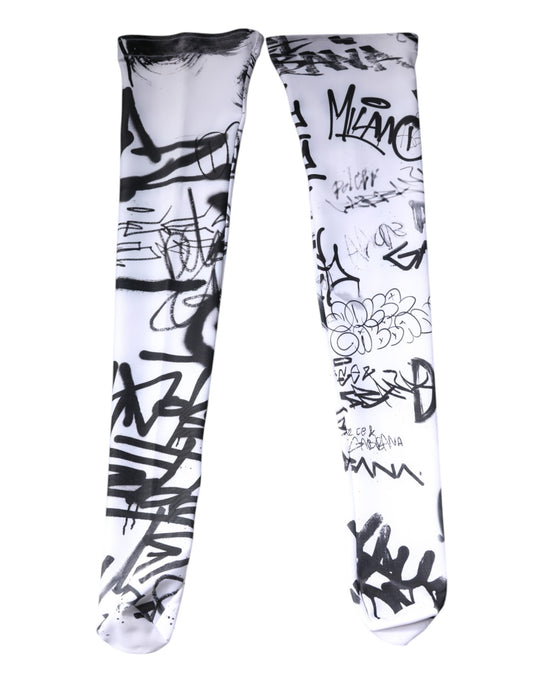 Dolce & Gabbana White Graffiti Cotton Over Calf Stockings Socks