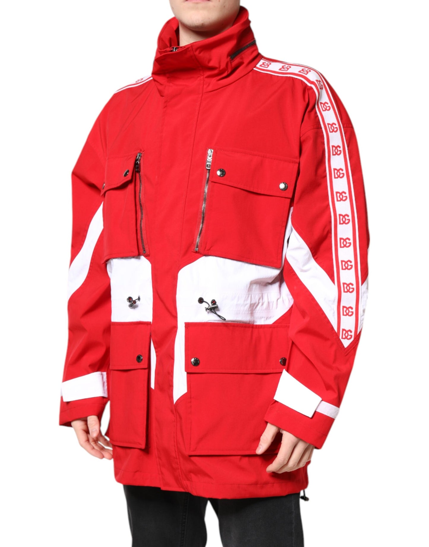 Dolce & Gabbana Red White Nylon Full Zip Windbreaker Jacket