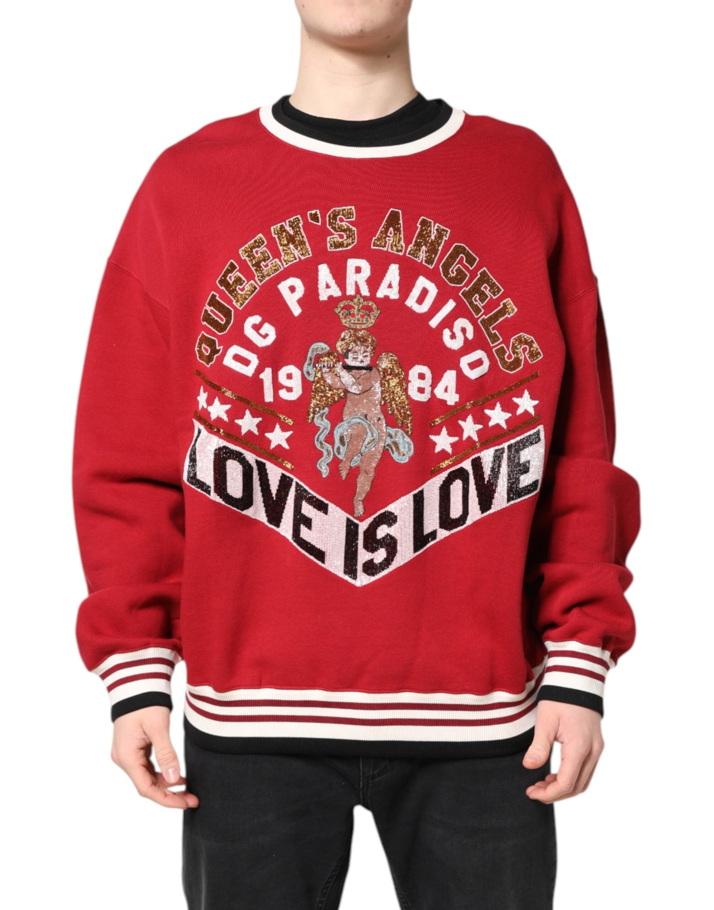 Dolce & Gabbana Red Sequin Knit Pullover Sweatshirt Sweater