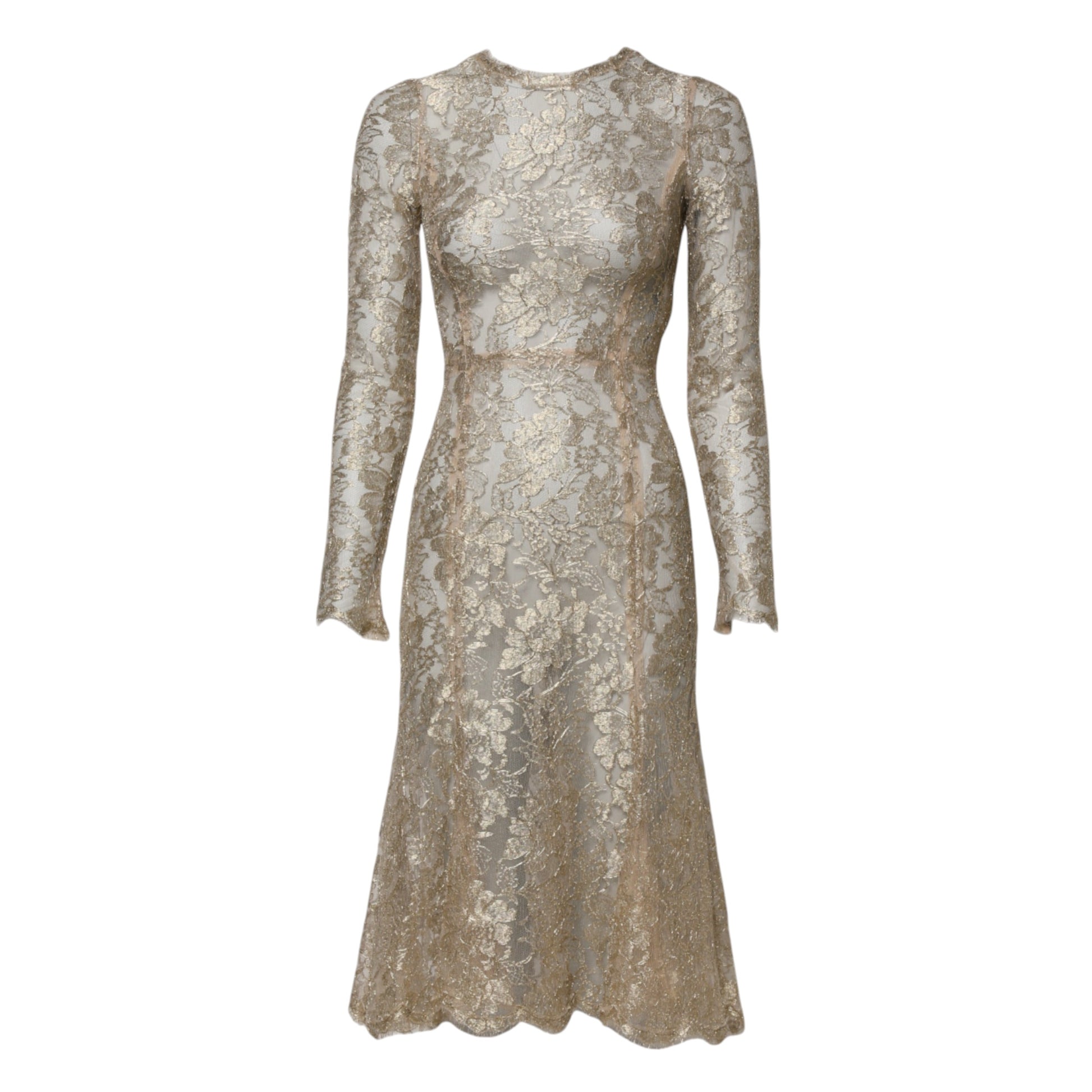 Dolce & Gabbana Gold Floral Lace Long Sleeves Fit & Flare Dress