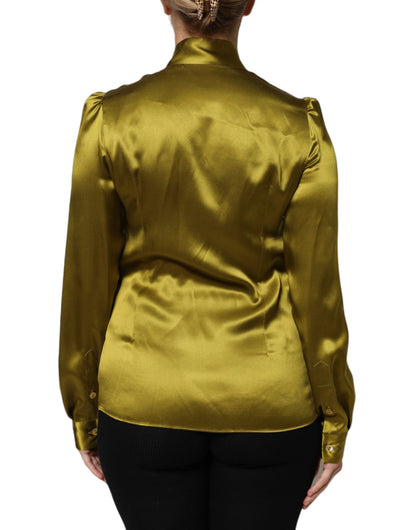Dolce & Gabbana Green Ascot Collar Long Sleeves Blouse Top