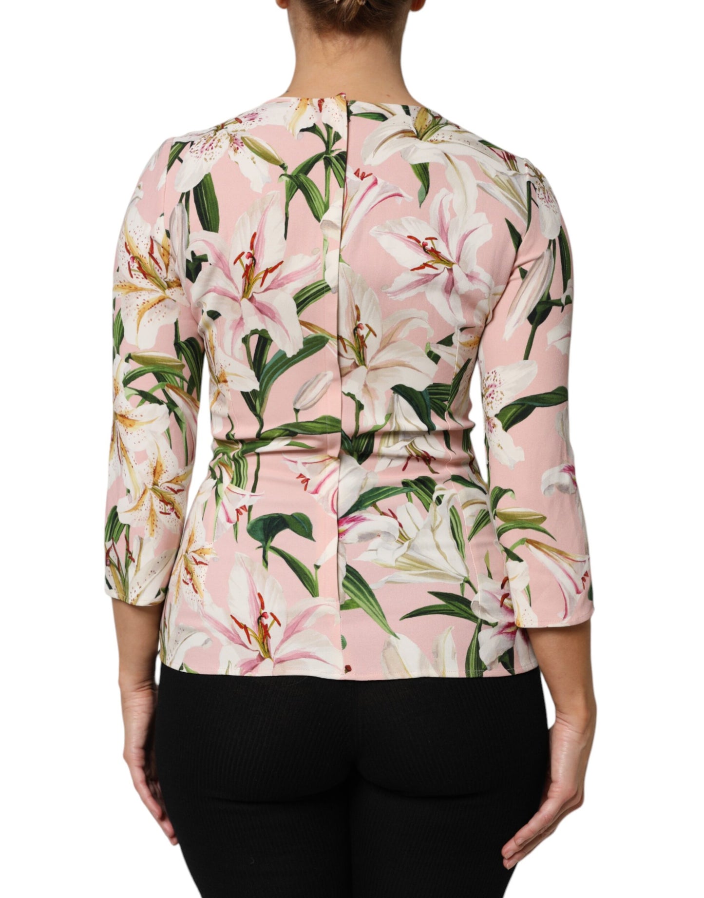 Dolce & Gabbana Pink Lily Print Viscose Round Neck Blouse Top