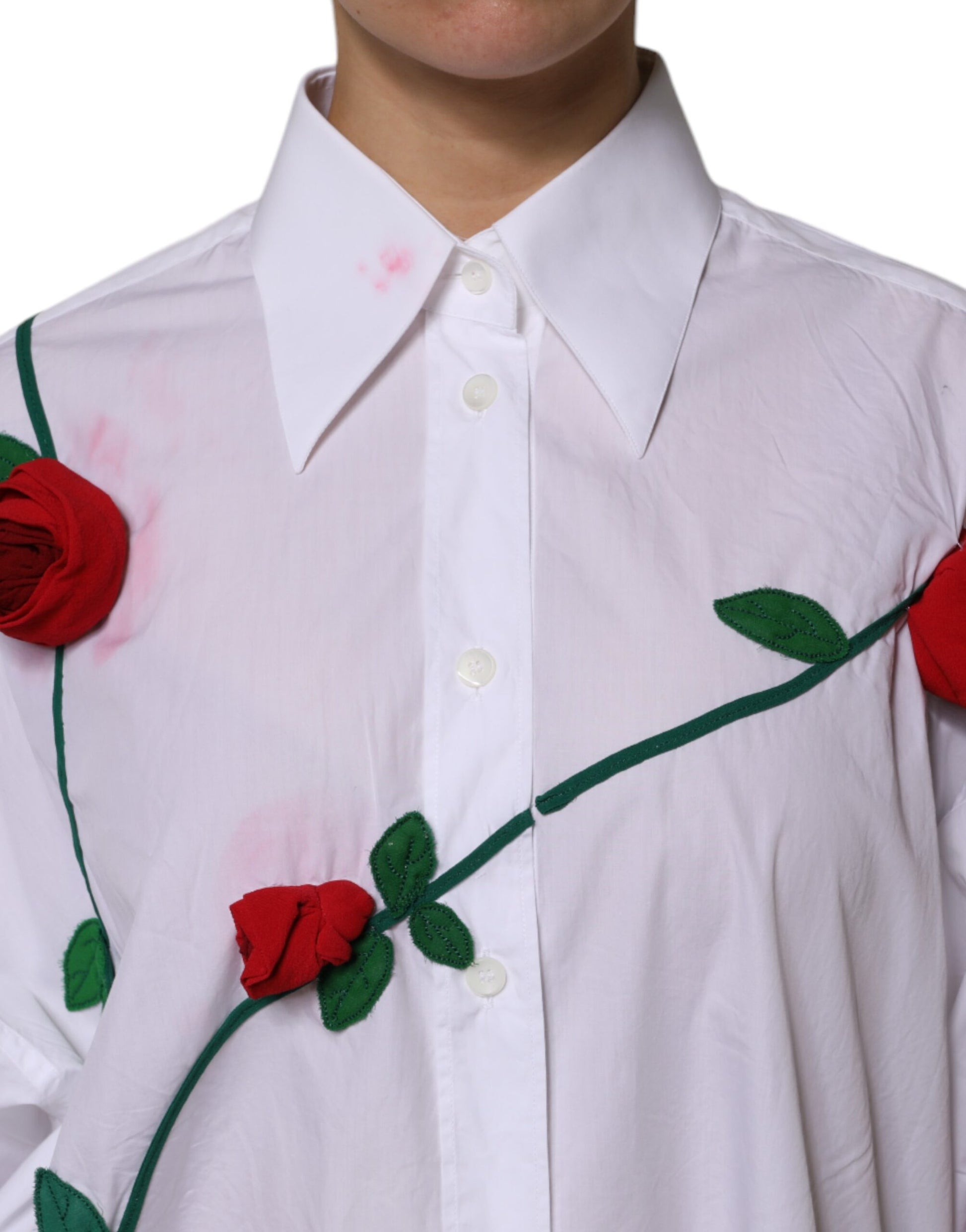 Dolce & Gabbana White Cotton Floral Appliques Dress Shirt Top