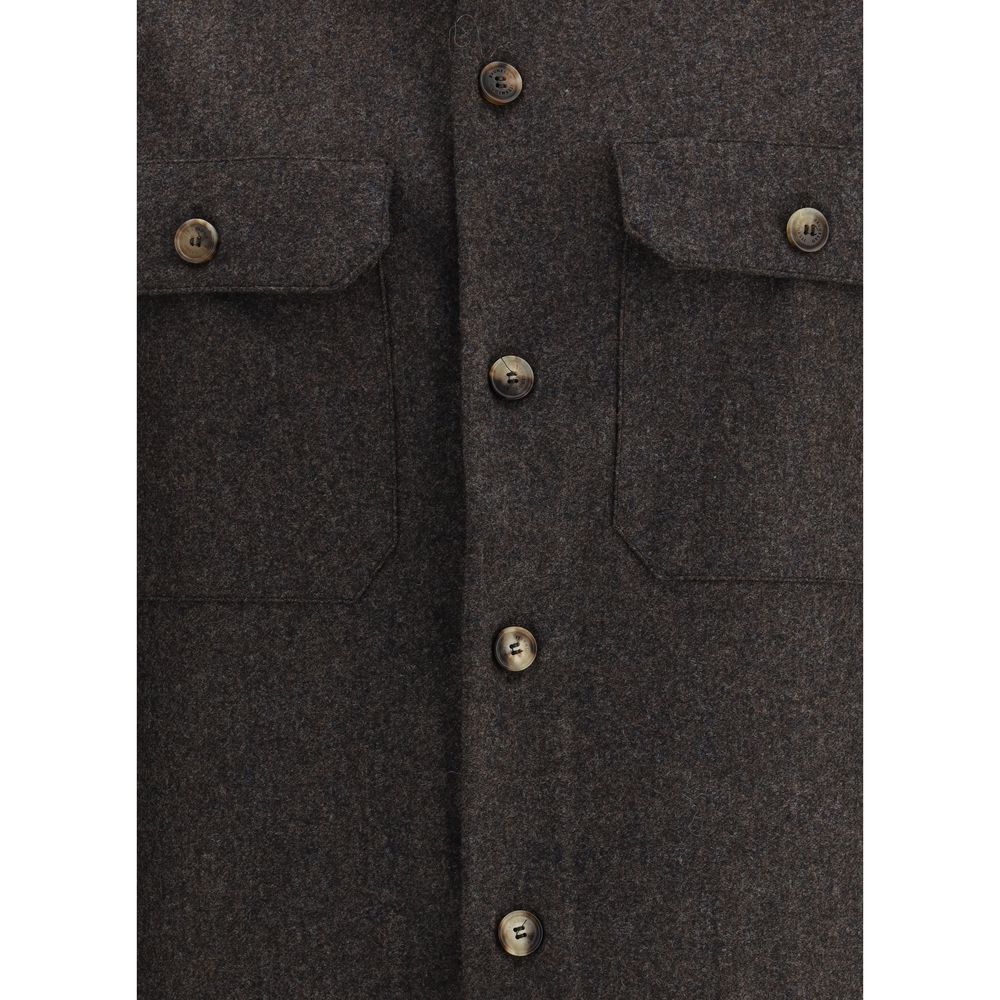 Brunello Cucinelli Brown Fleece Wool Pattern Shirt
