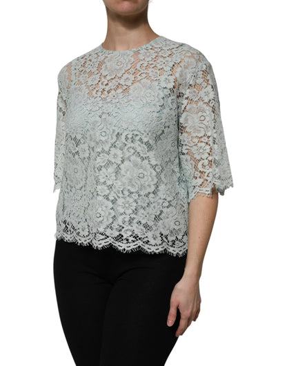 Dolce & Gabbana Mint Green Floral Lace Cotton Blouse Top