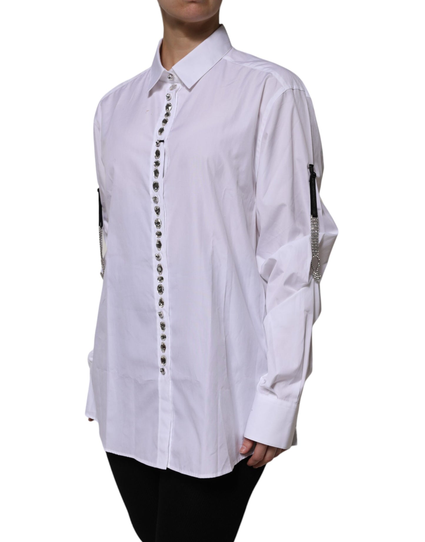 Dolce & Gabbana White Rhinestone Embellish Long Sleeves Top