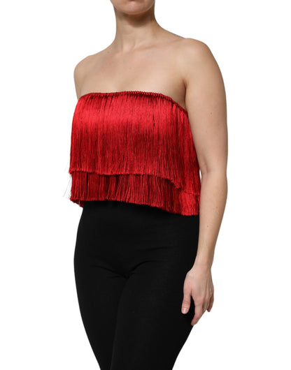Dolce & Gabbana Red Silk Strapless Fringe Crop Tube Top