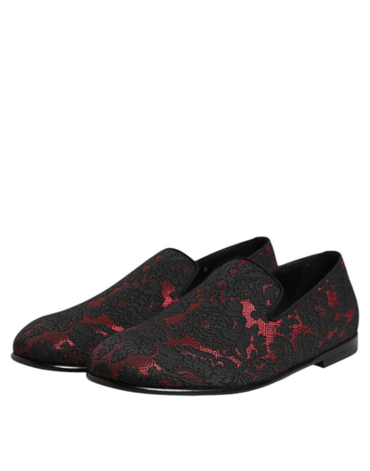 Dolce & Gabbana Red Black Jacquard Slip On Loafers Shoes