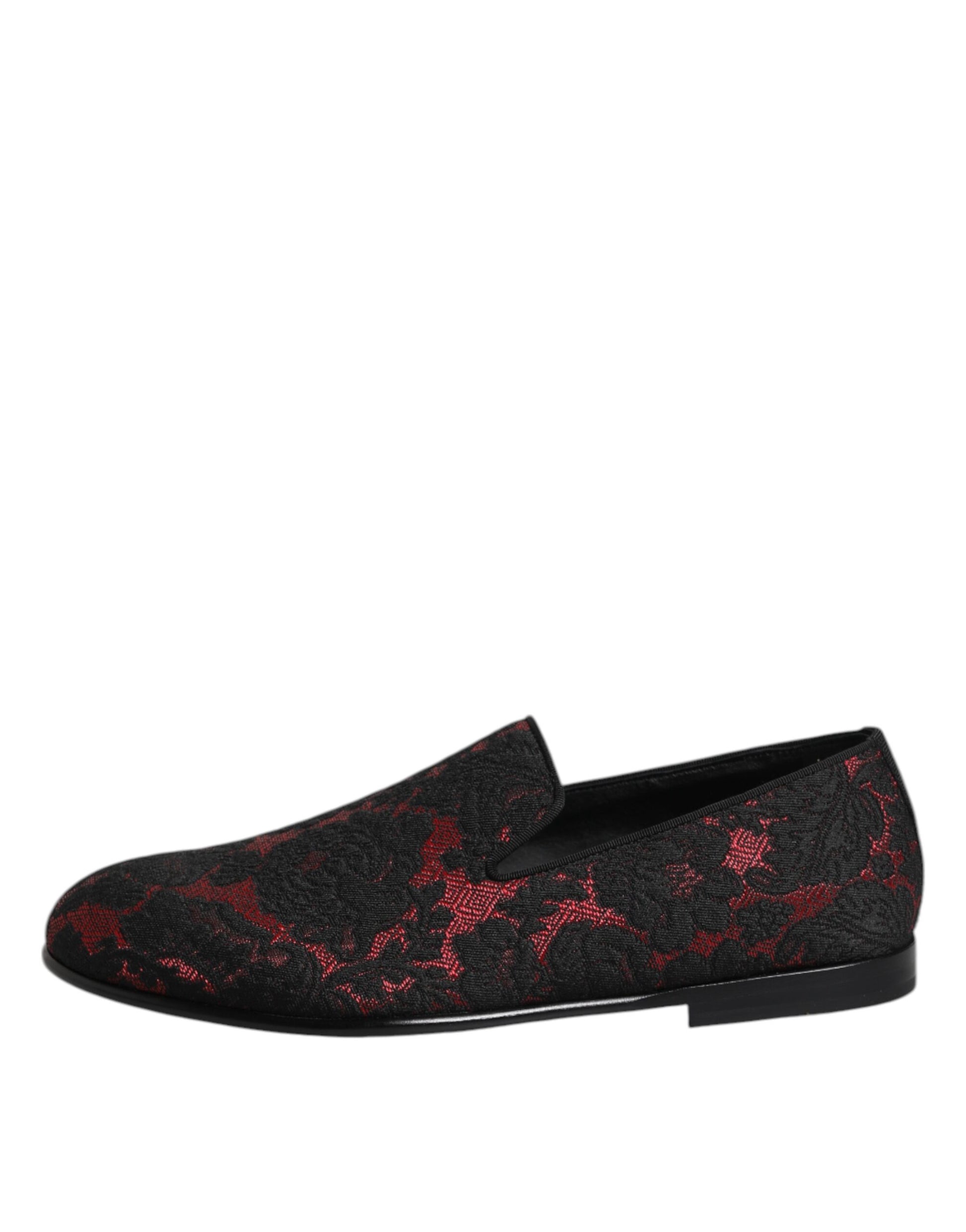 Dolce & Gabbana Red Black Jacquard Slip On Loafers Shoes