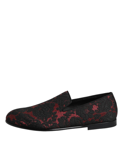 Dolce & Gabbana Red Black Jacquard Slip On Loafers Shoes