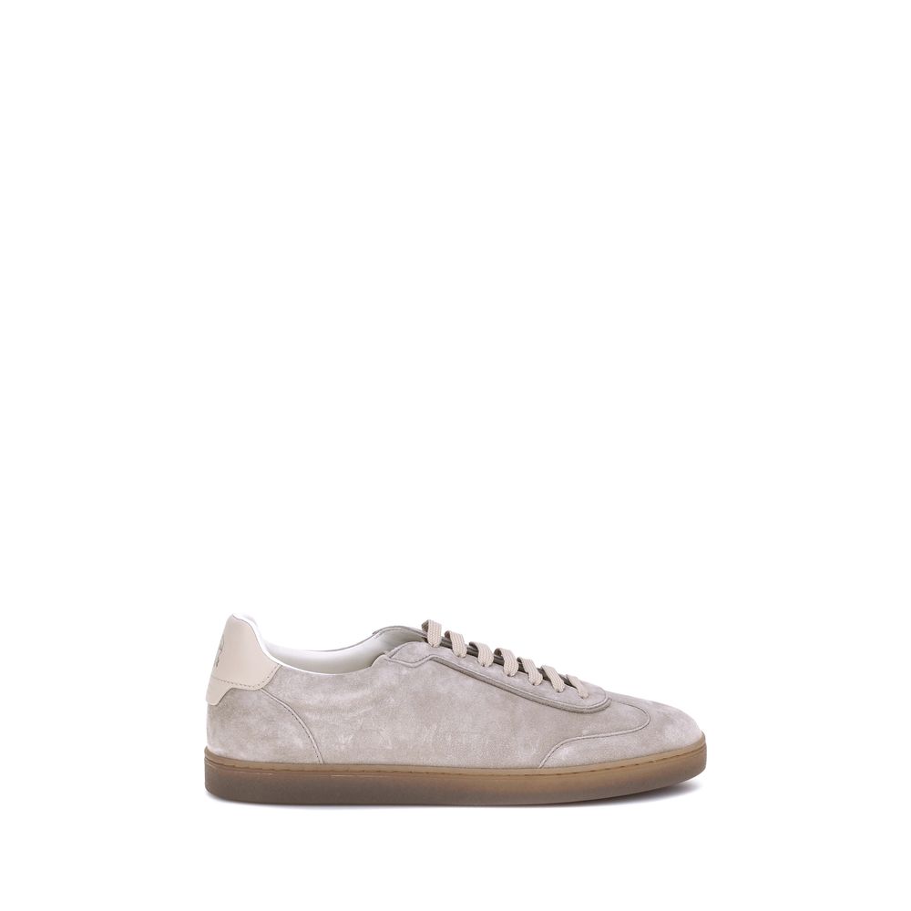 Brunello Cucinelli Beige Calf Leather Bos Taurus Low Top Sneakers