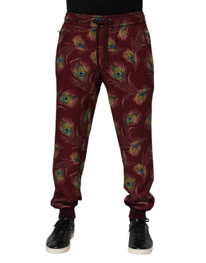 Dolce & Gabbana Burgundy Peacock Feather Print Jogger Pants