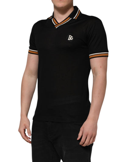 Dolce & Gabbana Black DG Silk V-neck Collared Men Polo T-shirt