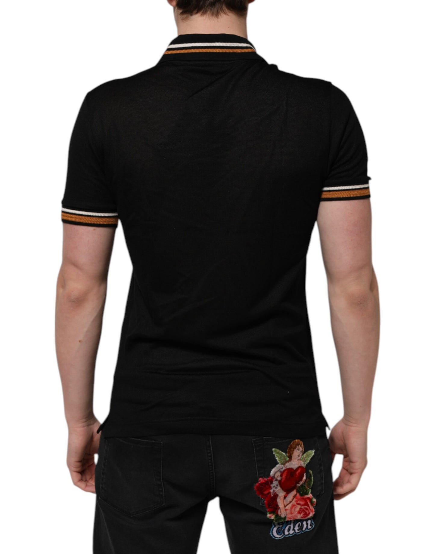 Dolce & Gabbana Black DG Silk V-neck Collared Men Polo T-shirt