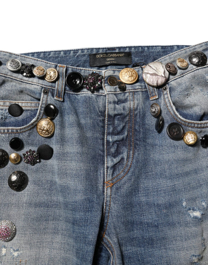 Dolce & Gabbana Blue Embellished Tattered SkinnyDenim Jeans
