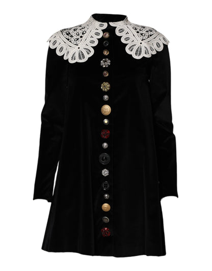 Dolce & Gabbana Black Velvet Lace Collared Embellished Dress