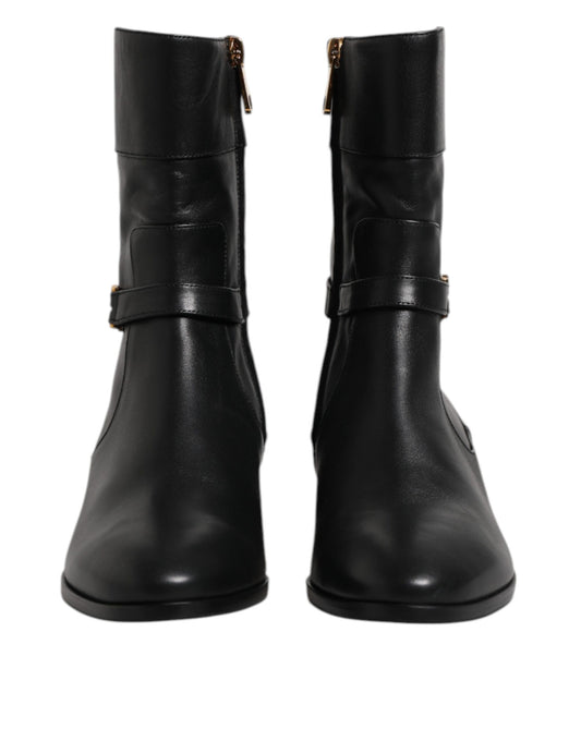 Dolce & Gabbana Black Leather Flats Logo Short Boots Shoes