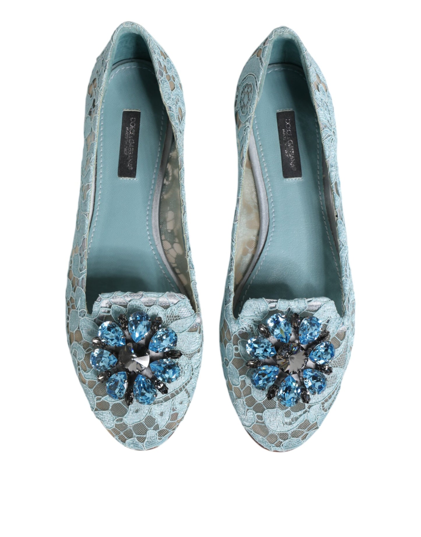 Dolce & Gabbana Blue Lace Crystal Ballet Flats Loafers Shoes