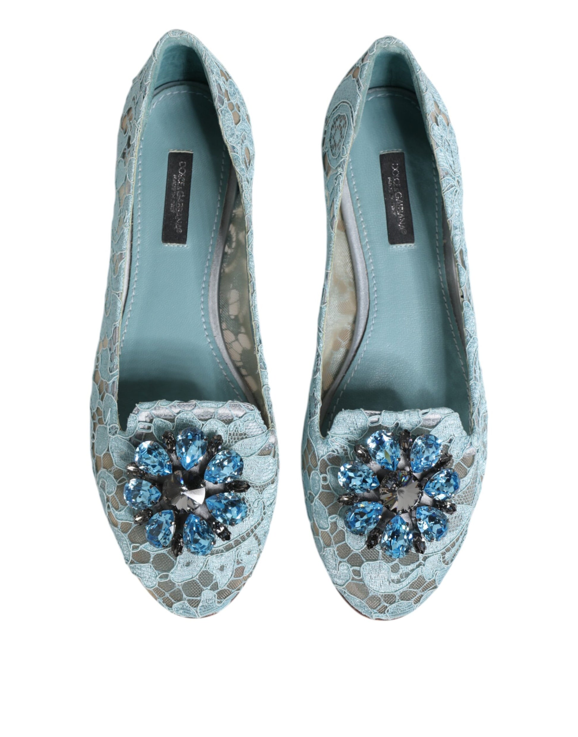 Dolce & Gabbana Blue Lace Crystal Ballet Flats Loafers Shoes