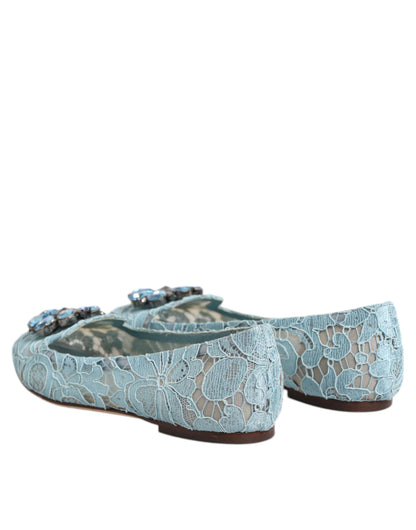 Dolce & Gabbana Blue Lace Crystal Ballet Flats Loafers Shoes